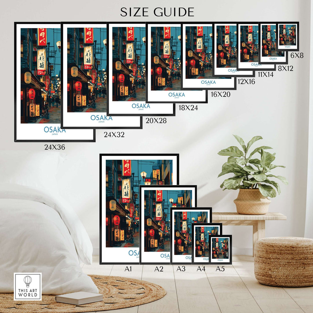 Size guide for Osaka Japan wall art prints displayed in a stylish interior setting.