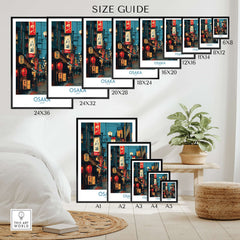 Osaka Japan Wall Art Print size guide showcasing various print sizes displayed in a modern room setting.
