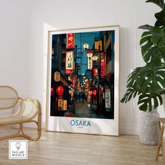 Osaka Japan Wall Art Print showcasing vibrant city streets and iconic landmarks in a stylish interior setting.