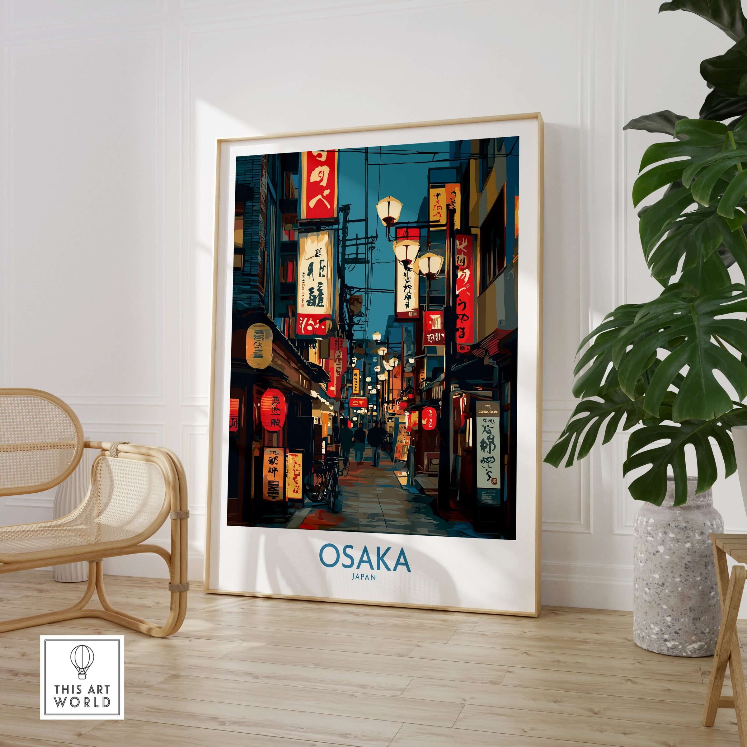 Osaka Japan Wall Art Print showcasing vibrant city streets and iconic landmarks in a stylish interior setting.