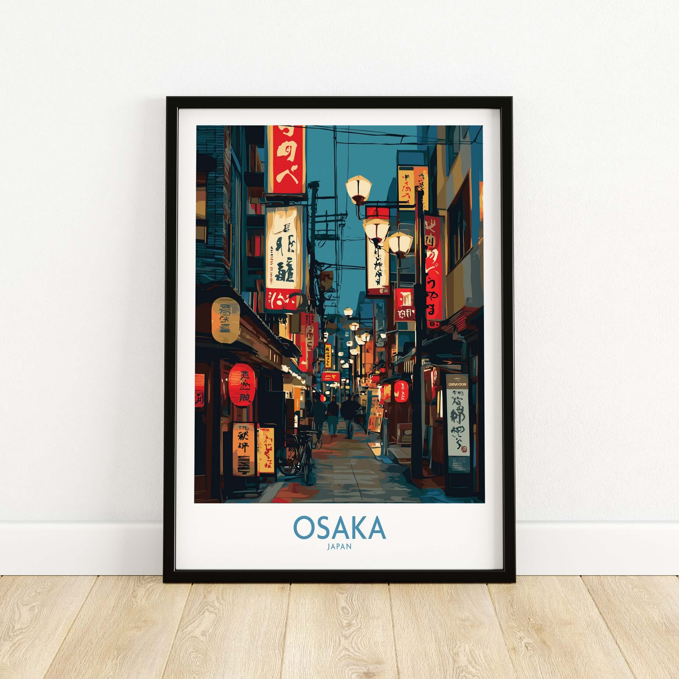 Osaka Japan Wall Art Print showcasing vibrant street life and iconic landmarks in Osaka's captivating atmosphere.