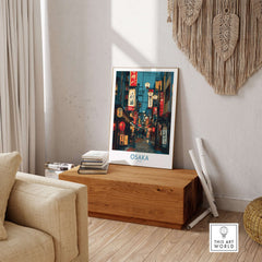 Osaka Japan Wall Art Print showcasing vibrant city streets and landmarks in a stylish living room decor setting.