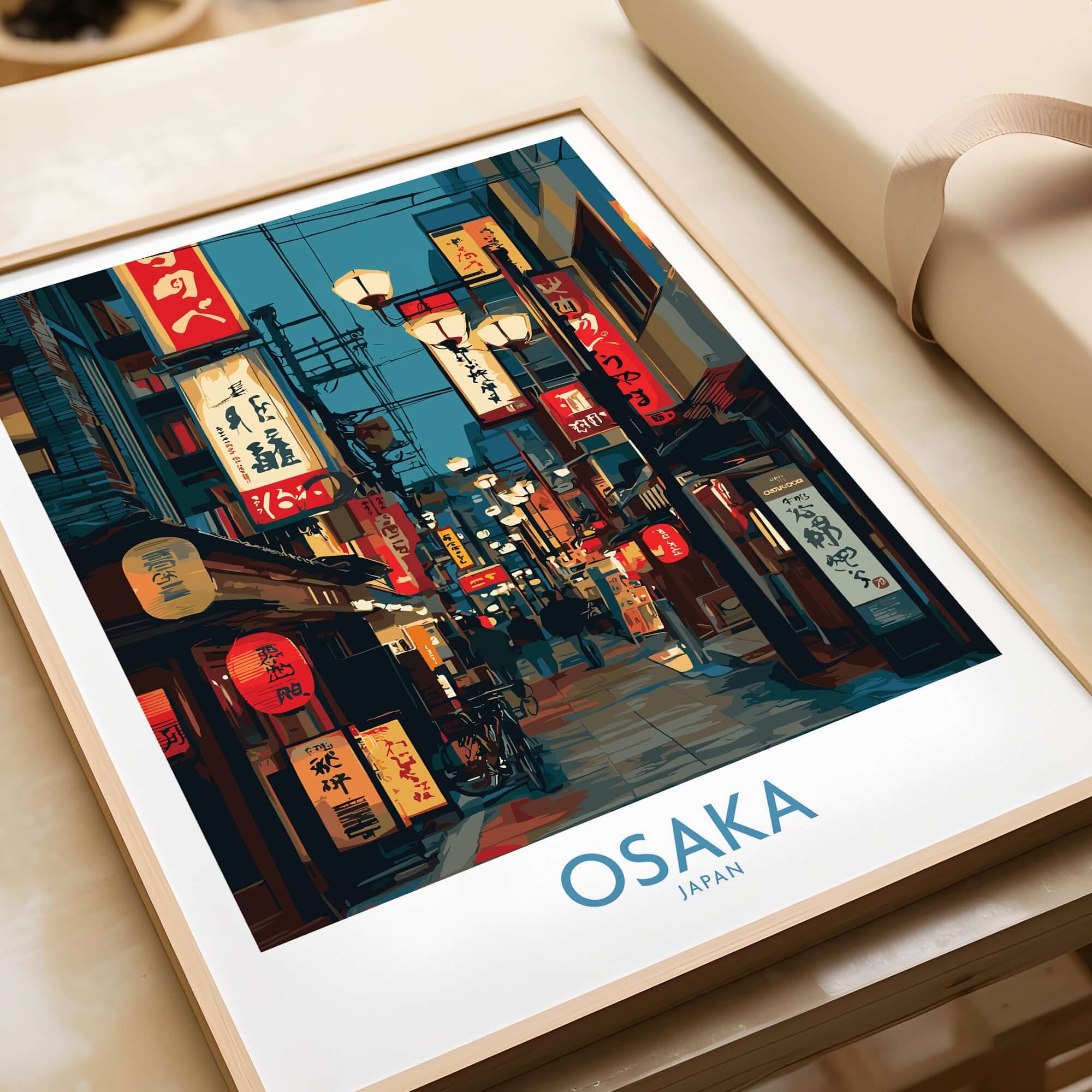 Osaka Japan Wall Art Print showcasing vibrant street scenes of Osaka and its iconic cultural landmarks.