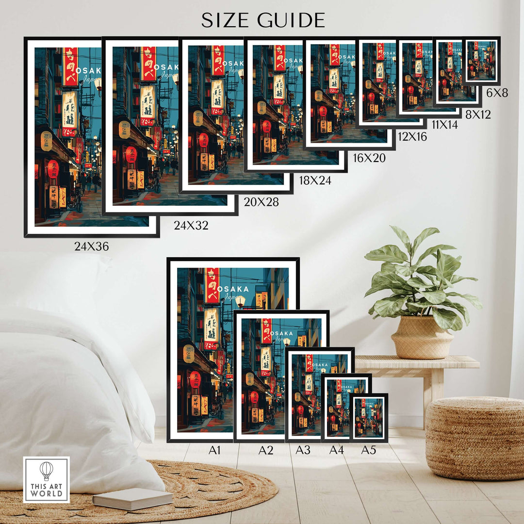 Size guide for Osaka Travel Print poster, showcasing various frame sizes for vibrant cityscape wall art.