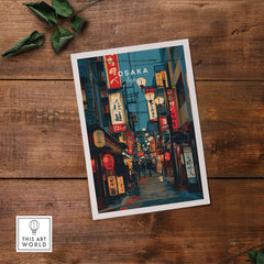 Osaka Travel Print Japan Lantern Street Poster - Vibrant Cityscape Wall Art showcasing colorful lanterns in a bustling urban setting.
