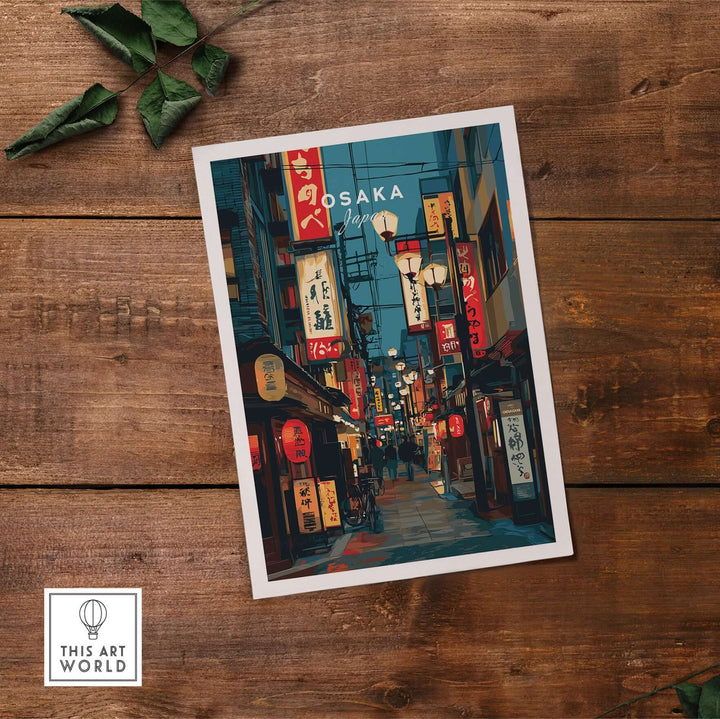 Osaka travel print poster featuring vibrant lantern-lit streets in a colorful cityscape design.