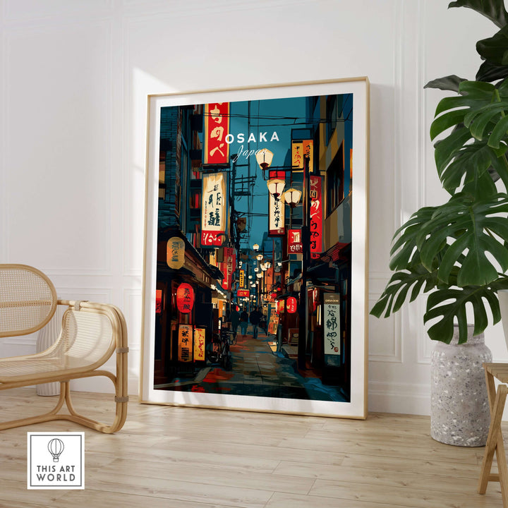 Osaka Travel Print showcasing vibrant lantern-lit streets in a stunning cityscape wall art design.