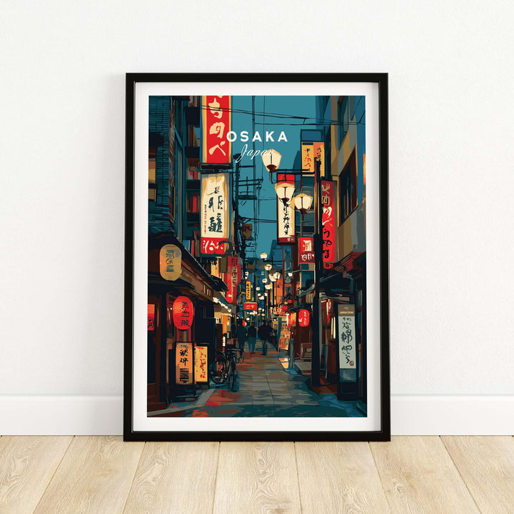 Osaka Japan Lantern Street Poster capturing vibrant cityscape and colorful signs, perfect wall art for travel enthusiasts.