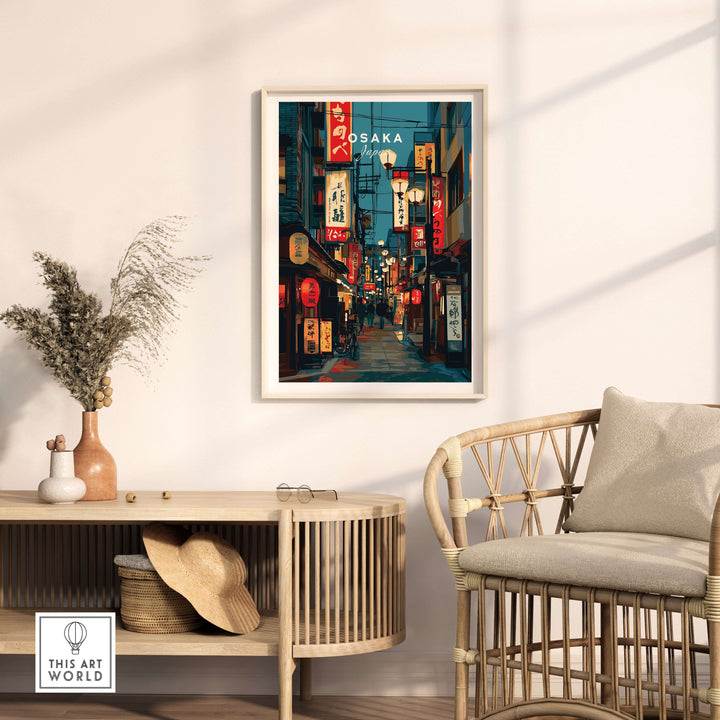 Osaka lantern street poster in a modern living room showcasing vibrant cityscape wall art.