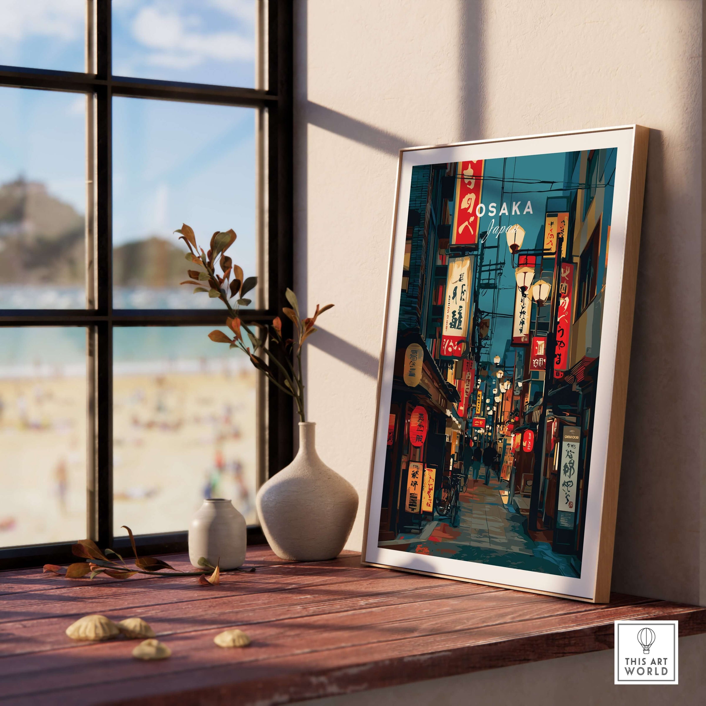 Osaka Travel Print Japan Lantern Street Poster - Vibrant Cityscape Wall Art displayed in a cozy room setting by a window.