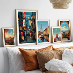 Osaka Travel Print Japan Lantern Street Poster - Vibrant Cityscape Wall Art displayed in a cozy living room setting.