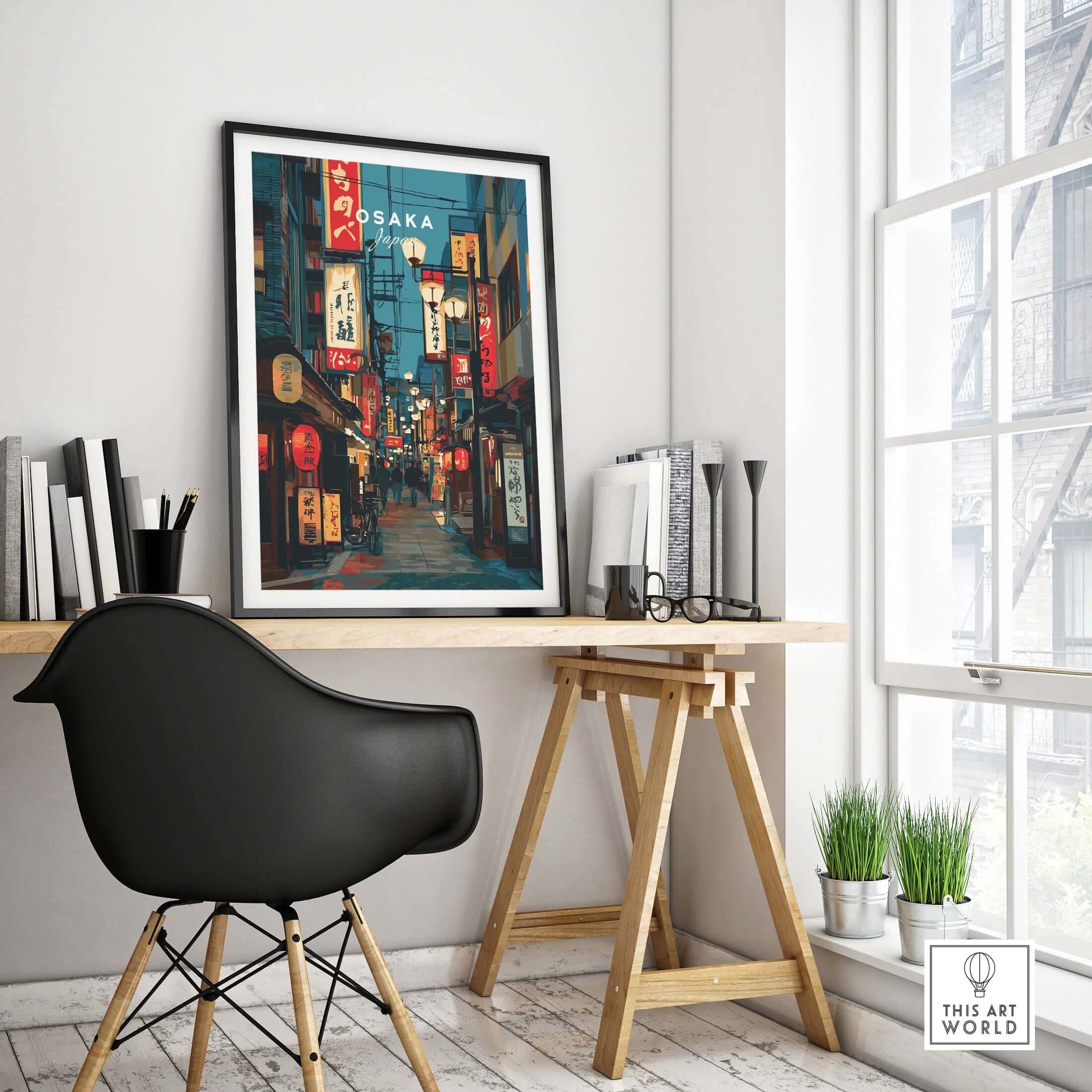 Osaka Travel Print Japan Lantern Street Poster - Vibrant Cityscape Wall Art displayed in a stylish office setting.