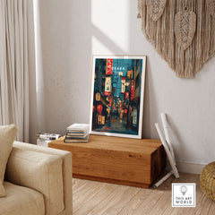 Osaka Travel Print Japan Lantern Street Poster - Vibrant Cityscape Wall Art displayed in a stylish living room.