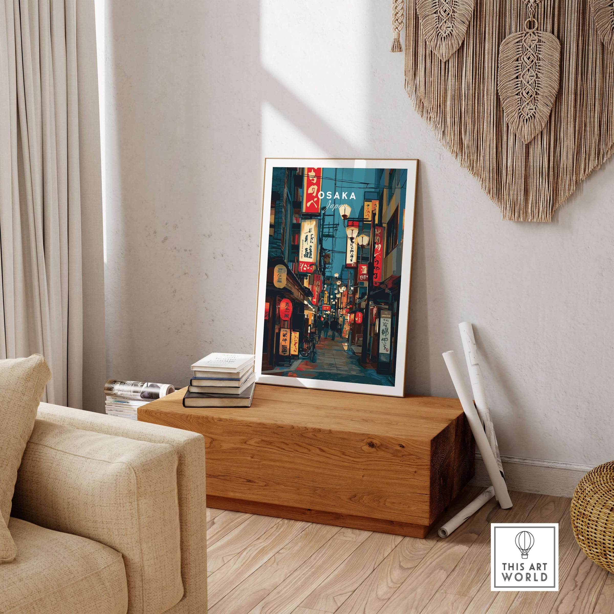 Osaka Travel Print Japan Lantern Street Poster - Vibrant Cityscape Wall Art displayed in a stylish living room.