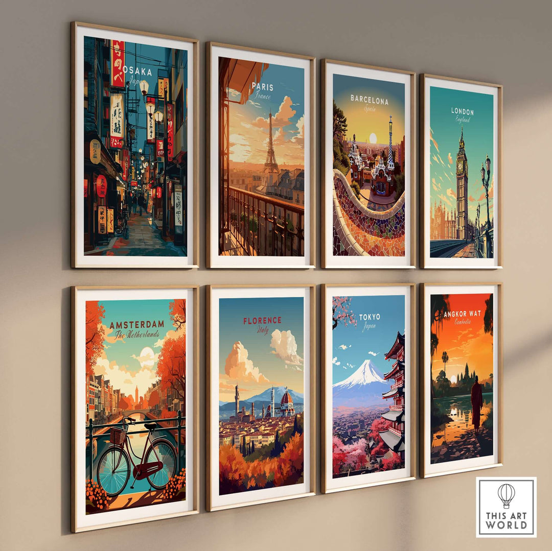 Colorful wall art prints featuring vibrant cityscapes of Osaka, Paris, Barcelona, London, Amsterdam, Florence, Tokyo, and Angkor Wat.