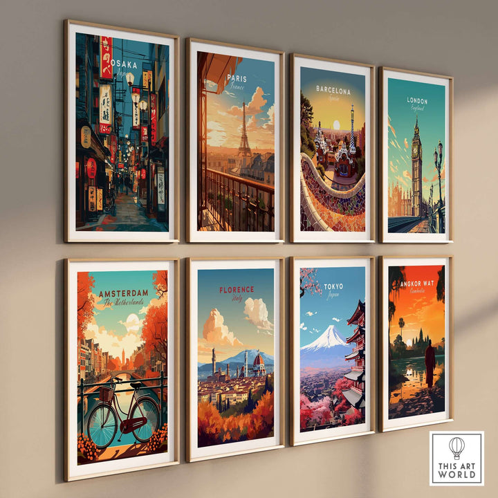 Colorful wall art prints featuring vibrant cityscapes of Osaka, Paris, Barcelona, London, Amsterdam, Florence, Tokyo, and Angkor Wat.