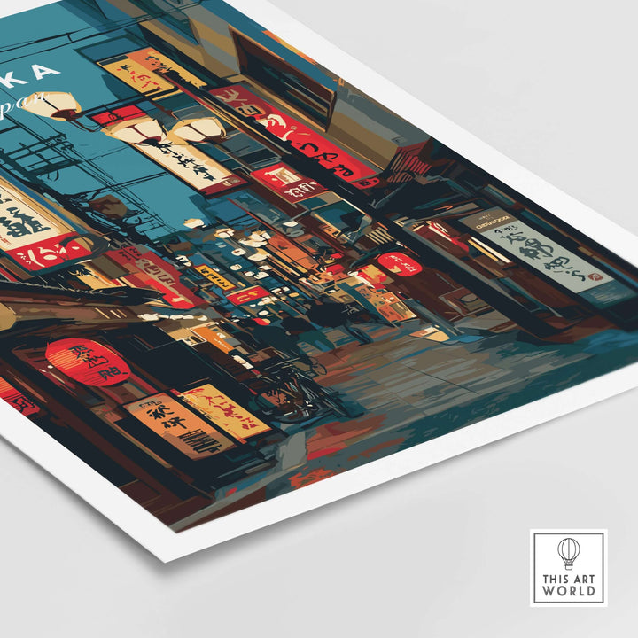 Osaka travel print poster featuring vibrant lantern-lit street scene in a bustling cityscape.