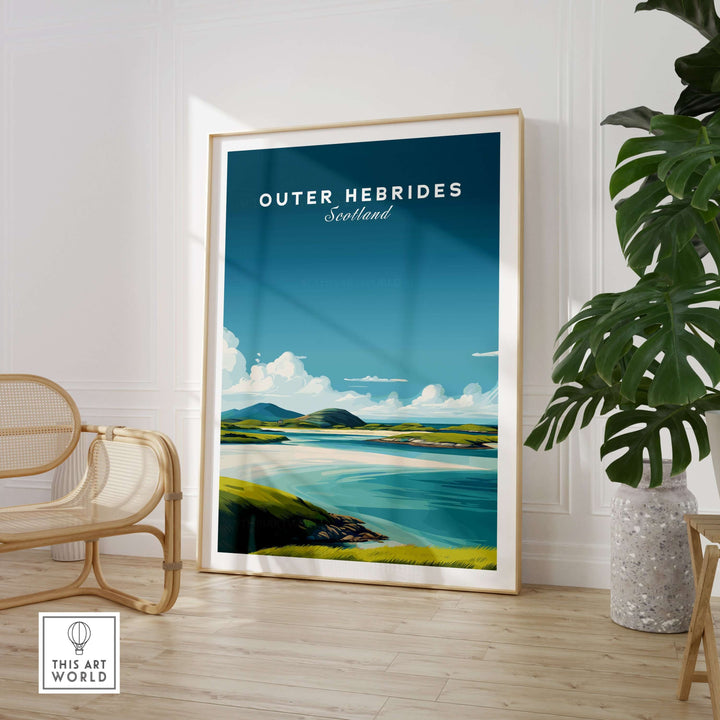 Outer Hebrides art print featuring a minimalist Scottish beach landscape, framed in an elegant home setting.