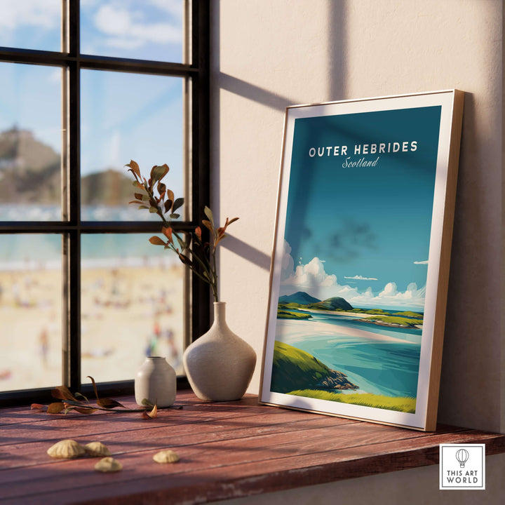 Outer Hebrides art print framed by a window, showcasing a serene Scottish beach landscape with minimalist design.