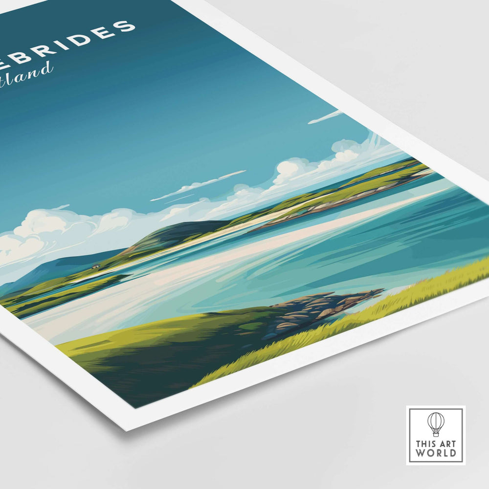 Outer Hebrides art print featuring a minimalist Scottish beach landscape with serene waters and hills.