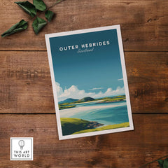 Outer Hebrides Art Print - Scottish Beach Poster - Minimalist Scottish Landscape displayed on wooden surface