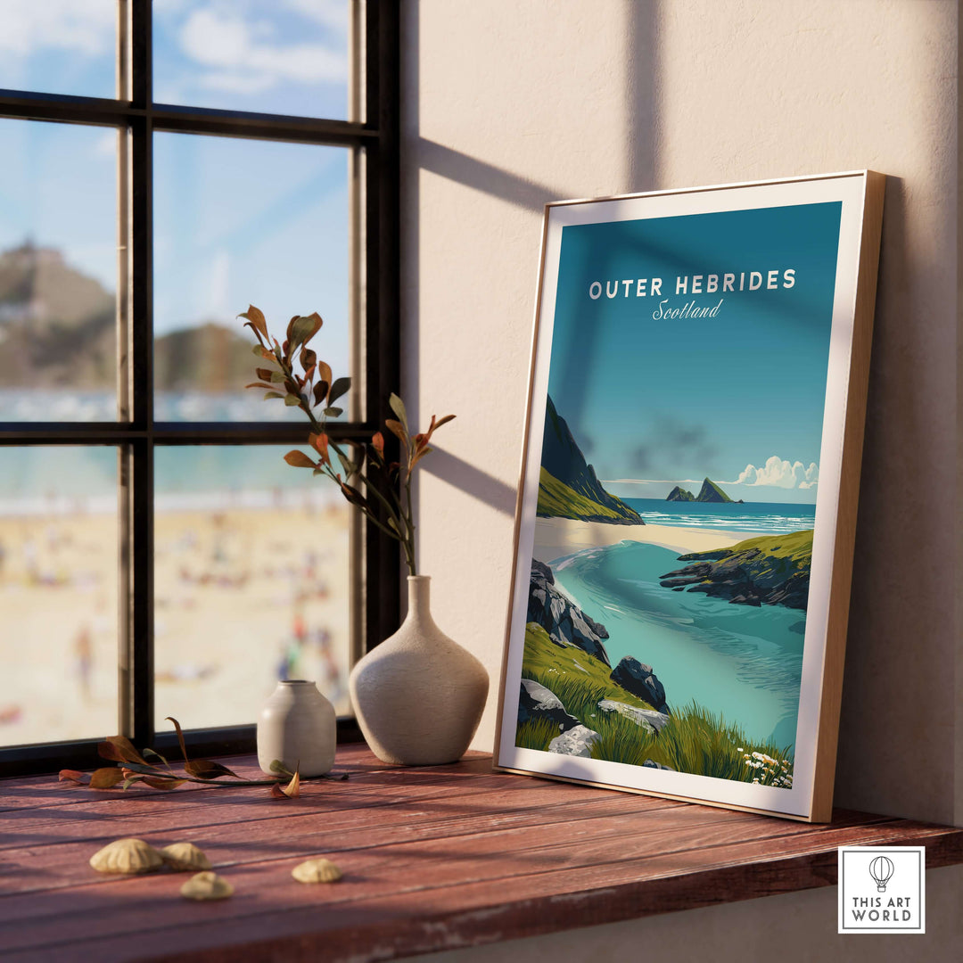 Outer Hebrides art print displayed on a sunny windowsill, showcasing a tranquil Scottish beach scene.