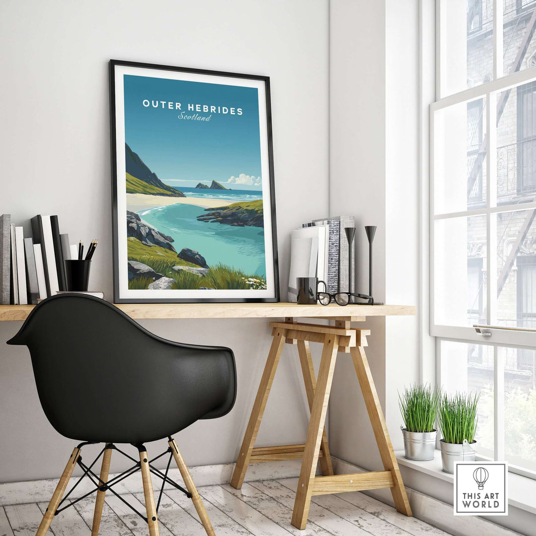 Outer Hebrides art print displayed in a modern workspace, showcasing a serene Scottish beach scene.