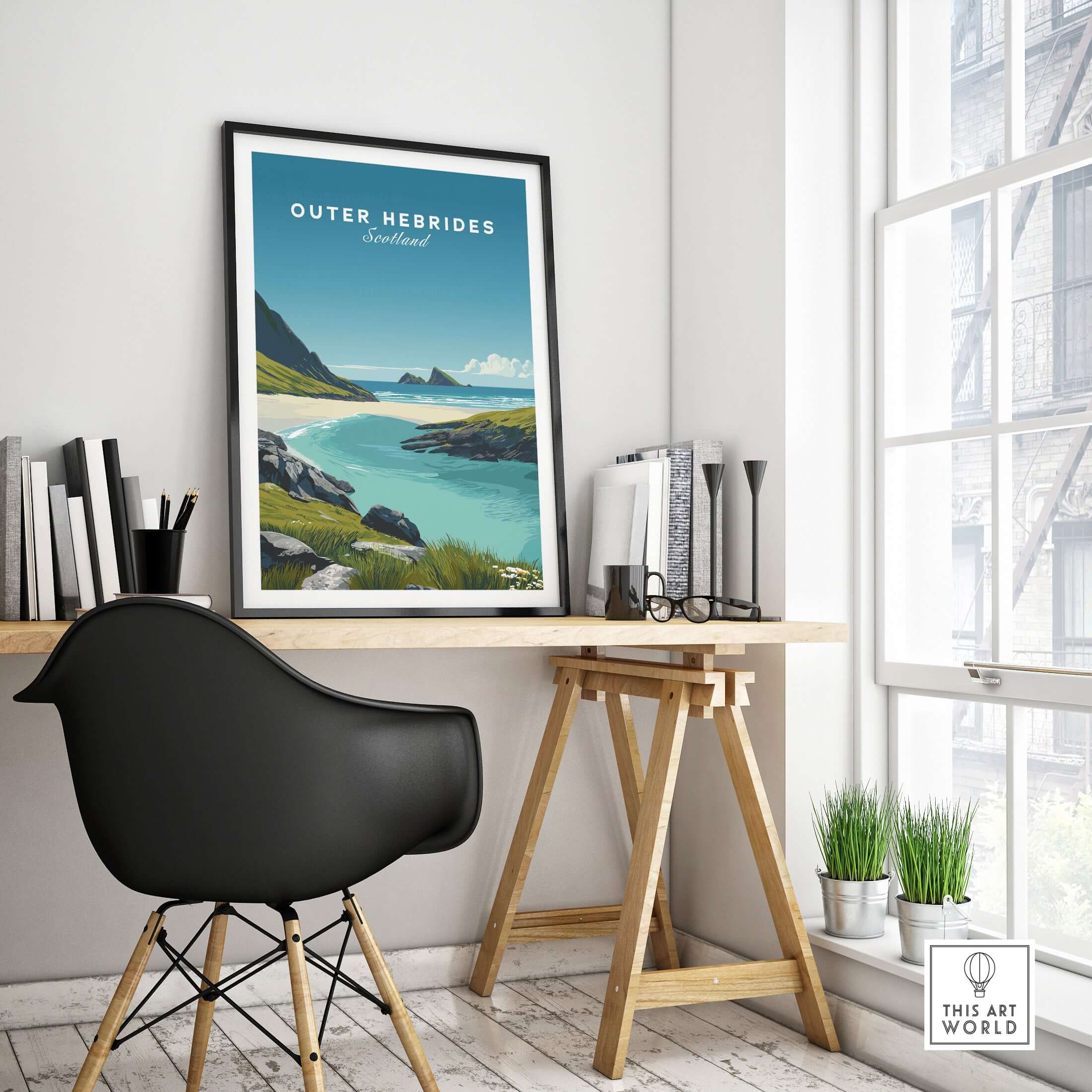 Outer Hebrides Art Print - Scottish Beach Poster - Coastal Wall Art displayed in a bright home office setting.
