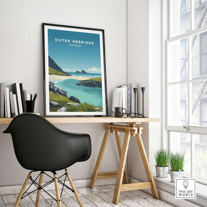Outer Hebrides art print displayed in a modern workspace, showcasing a serene Scottish beach scene.