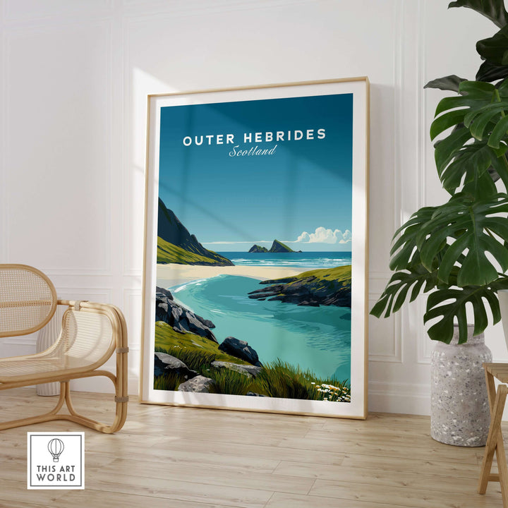 Outer Hebrides art print showcasing a serene Scottish beach and coastal landscape in a stylish living room.