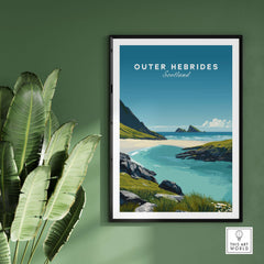 Outer Hebrides Art Print - Scottish Beach Poster - Coastal Wall Art framed on wall with plants in background.