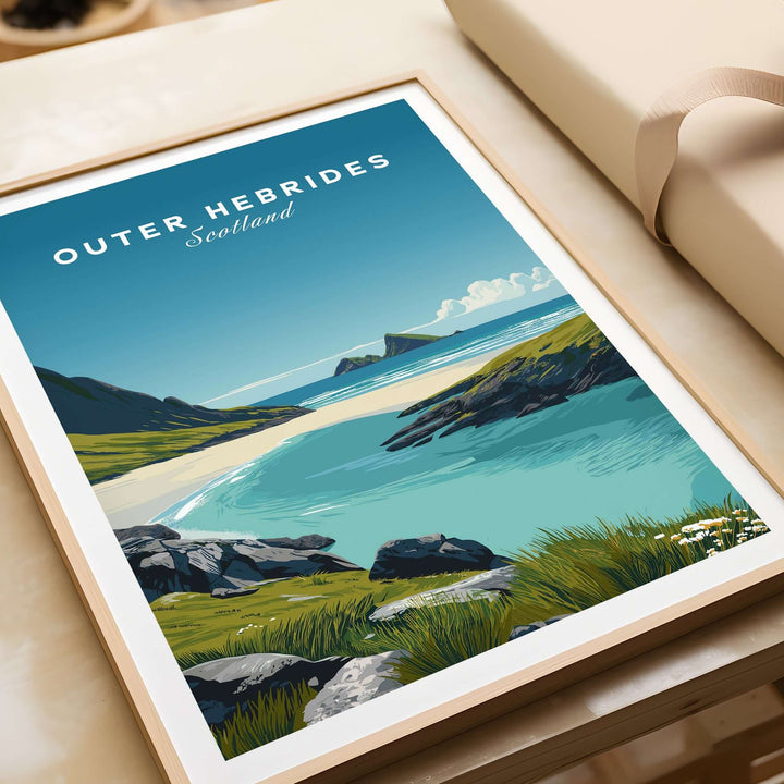 Outer Hebrides art print featuring a Scottish beach landscape with turquoise waters and green hills.