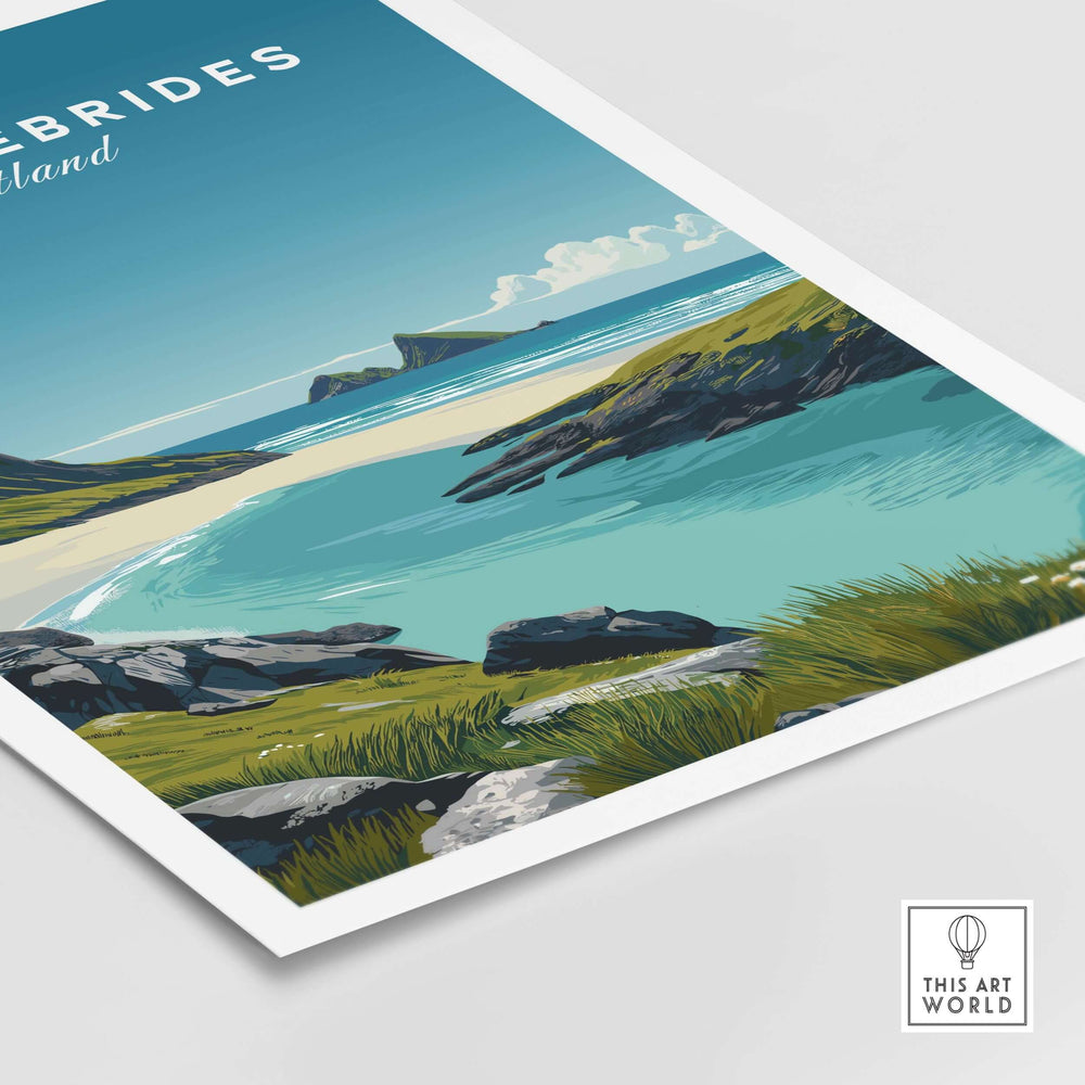 Outer Hebrides art print showcasing tranquil Scottish beach scenery with blue waters and green grasses.