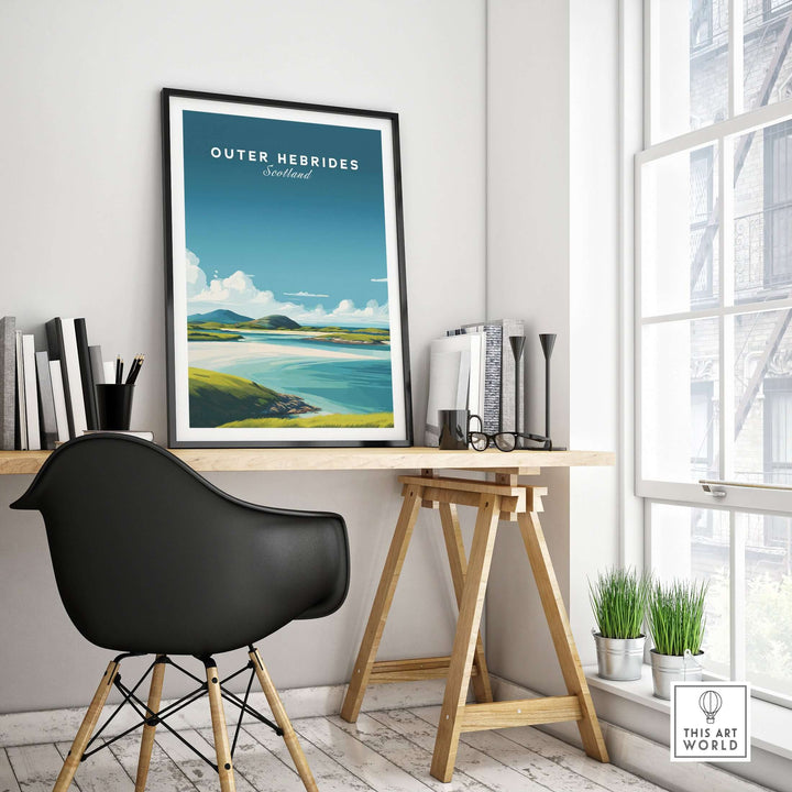 Minimalist Outer Hebrides art print displayed in a modern workspace, showcasing a serene Scottish beach landscape.