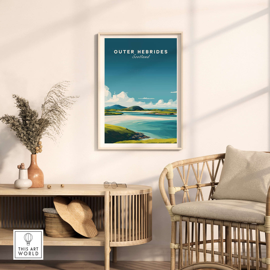 Outer Hebrides art print featuring a Scottish beach landscape, elegantly displayed in a cozy interior setting.
