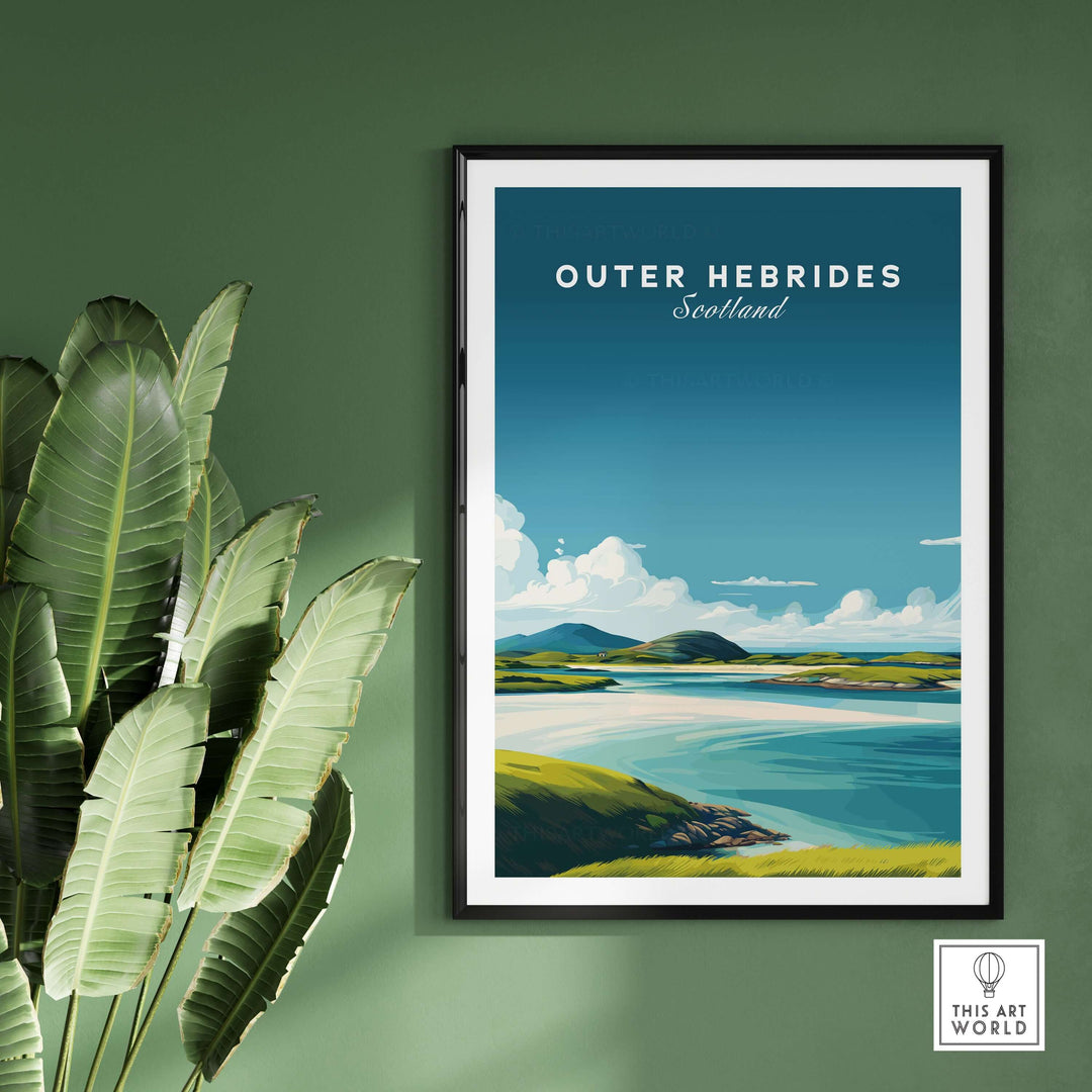 Outer Hebrides Art Print featuring a serene Scottish beach landscape in a minimalist style on a green wall.