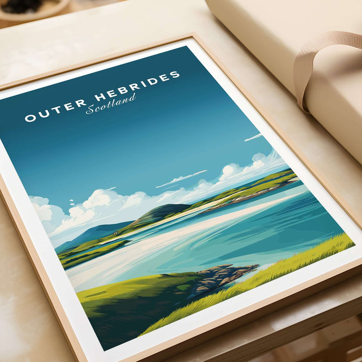 Outer Hebrides art print showcasing a minimalist Scottish beach landscape with blue skies and serene waters.