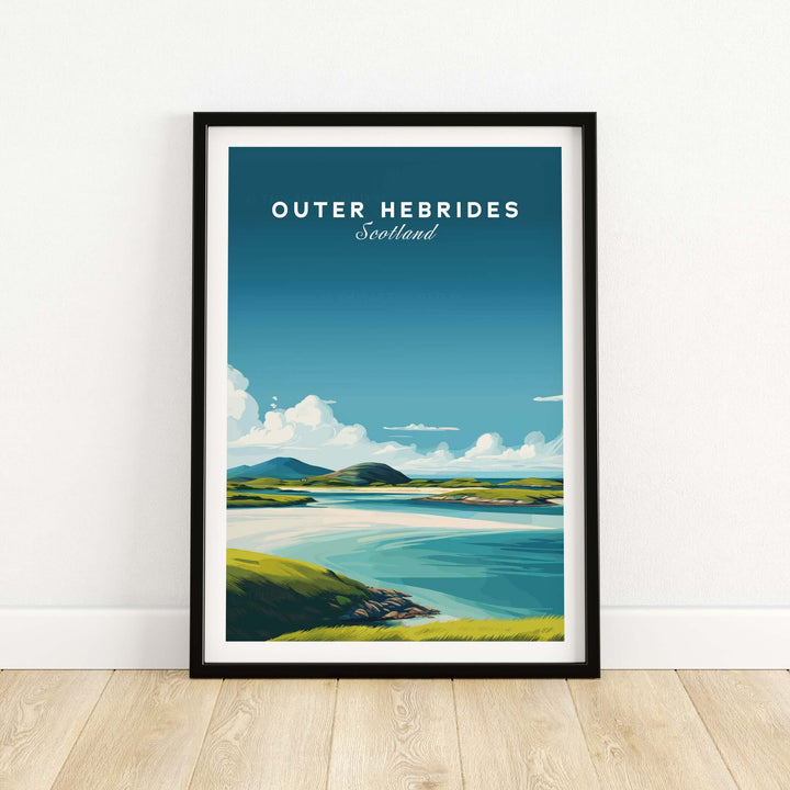 Outer Hebrides Art Print featuring a minimalist Scottish beach landscape in a stylish frame.