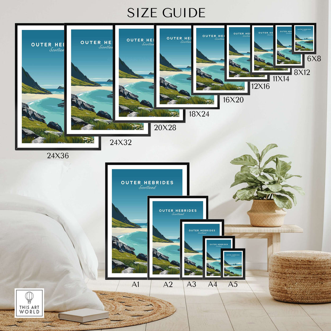 Size guide for Outer Hebrides Art Print showcasing various frame sizes and coastal landscape illustration.