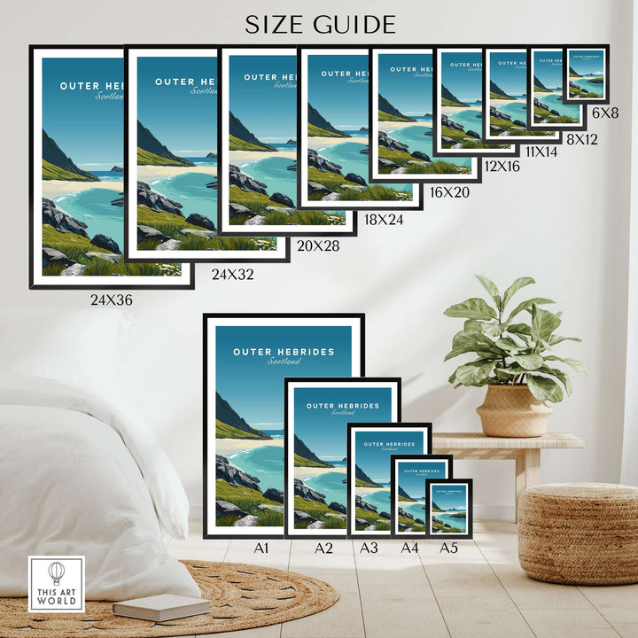 Size guide for Outer Hebrides Art Print showcasing various frame sizes and coastal landscape illustration.