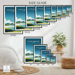 Outer Hebrides Art Print - Scottish Beach Poster - Minimalist Scottish Landscape size guide with various frame options.