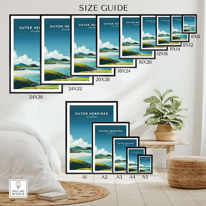 Size guide for Outer Hebrides art print showcasing various frame sizes and minimalist Scottish beach design.