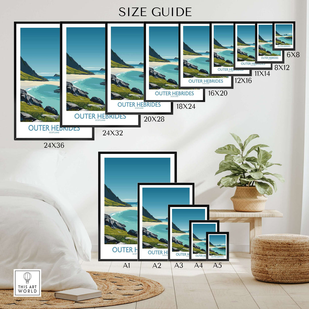 Size guide for Outer Hebrides beach poster with various dimensions and turquoise water design.