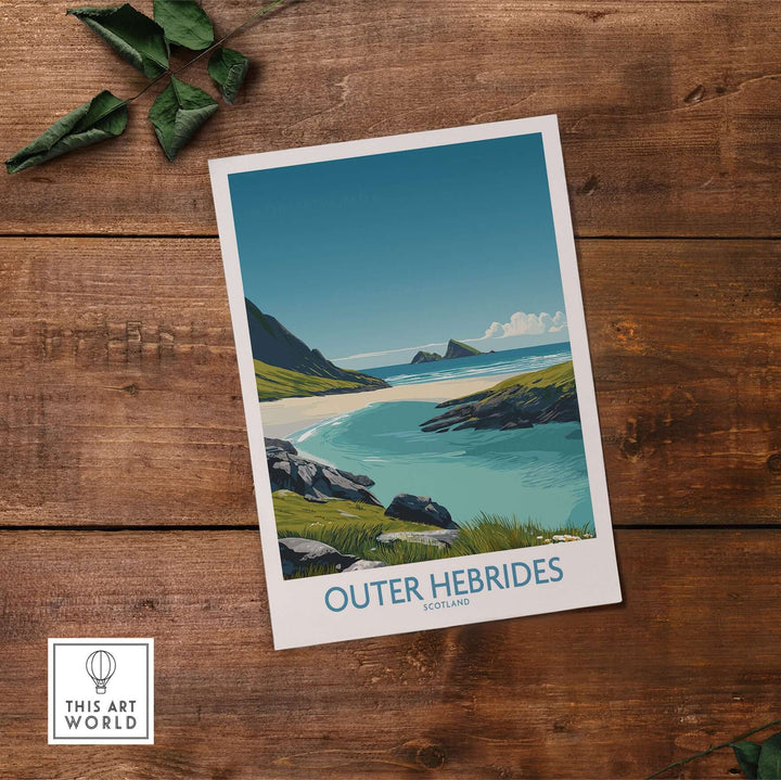 Outer Hebrides beach poster showcasing turquoise waters and serene landscapes in Scotland, perfect for coastal wall decor.