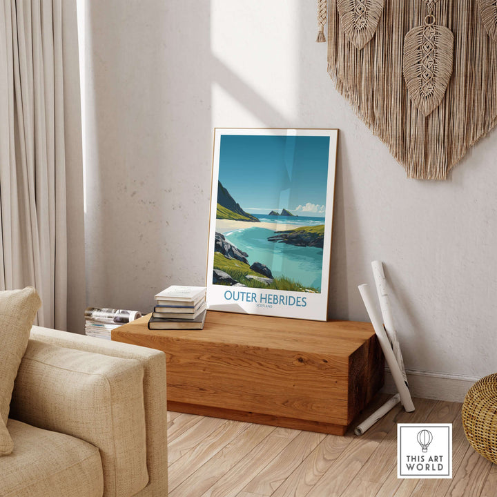 Outer Hebrides beach poster displayed in a cozy living room with turquoise waters and landscapes, enhancing wall decor.