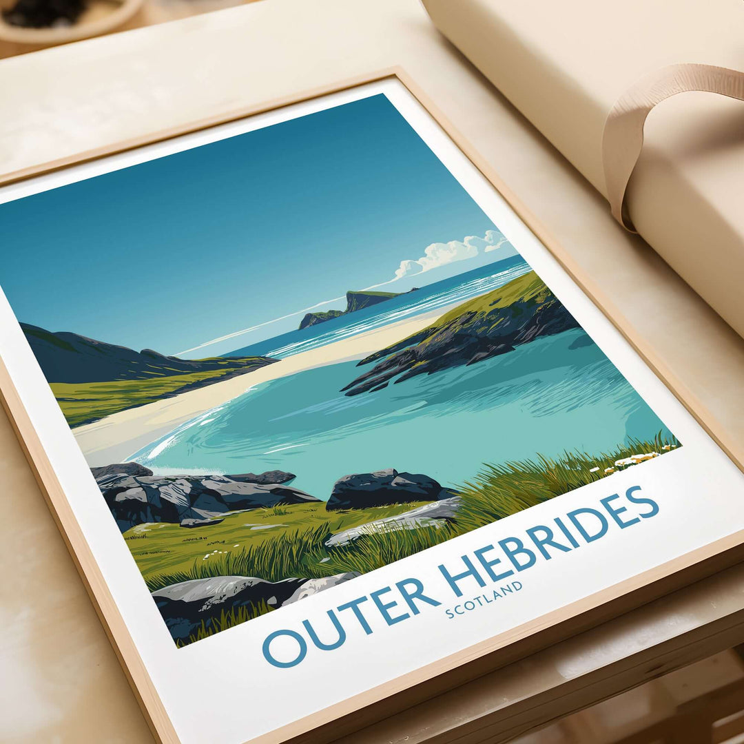 Outer Hebrides Beach Poster showcasing turquoise waters and scenic coastline in Scotland, ideal for wall decor.