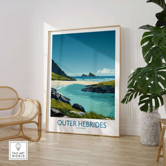 Outer Hebrides Beach Poster - Scotland Travel Print - Turquoise Water Wall Decor in a stylish home setting.