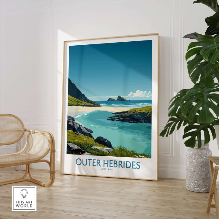 Outer Hebrides beach poster featuring turquoise waters and serene landscape in a stylish room setting.