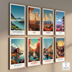 Outer Hebrides Beach Poster - Scotland Travel Print - Turquoise Water Wall Decor displayed among city travel posters.
