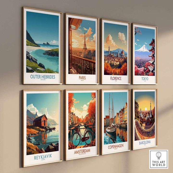 Collection of vibrant travel posters featuring scenic views of Outer Hebrides, Paris, Florence, Tokyo, Reykjavik, Amsterdam, Copenhagen, and Barcelona.